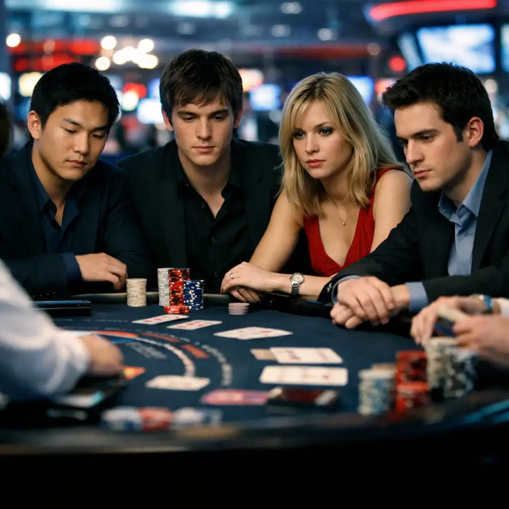 Scena z filmu 21 z 2008 roku: grupa studentów przy stole do blackjacka w kasynie w Las Vegas