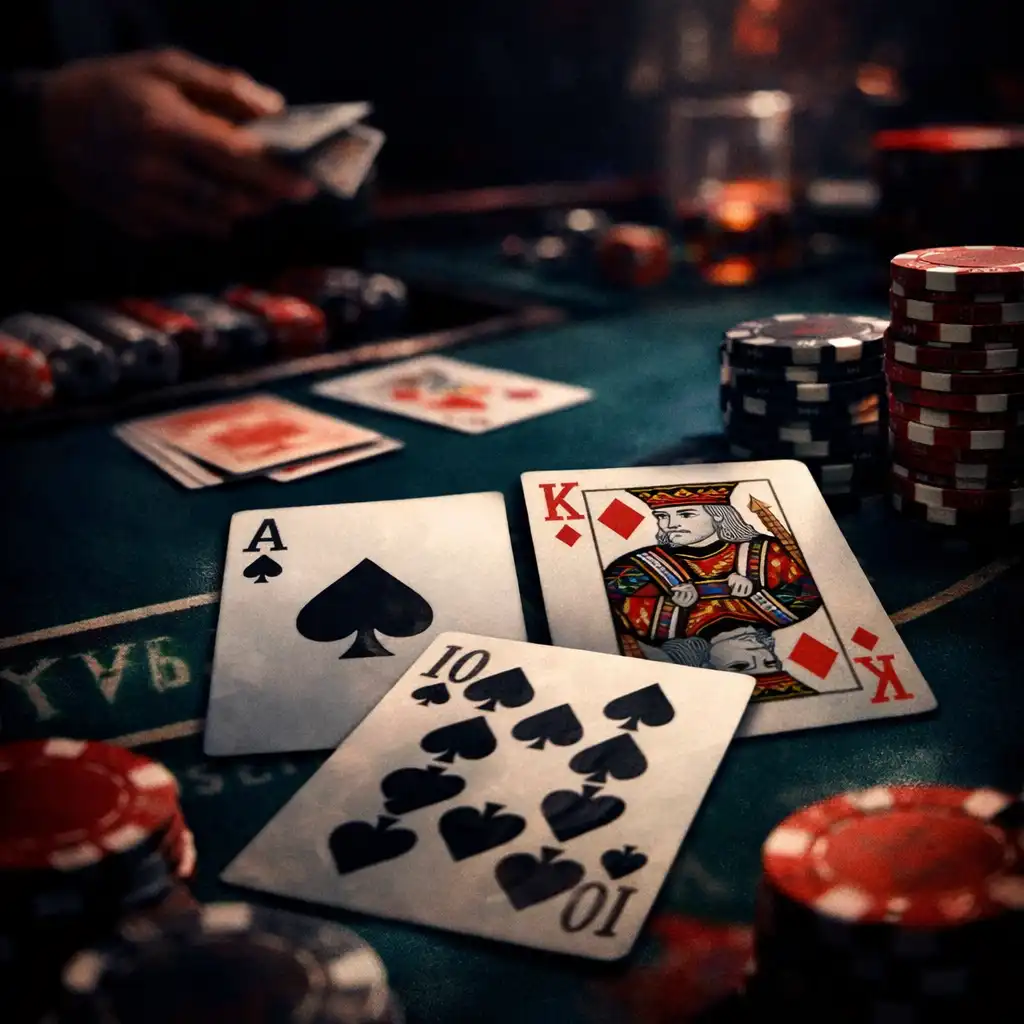 Plakat filmu 21 z 2008 roku przedstawiający stół do blackjacka z kartami i żetonami