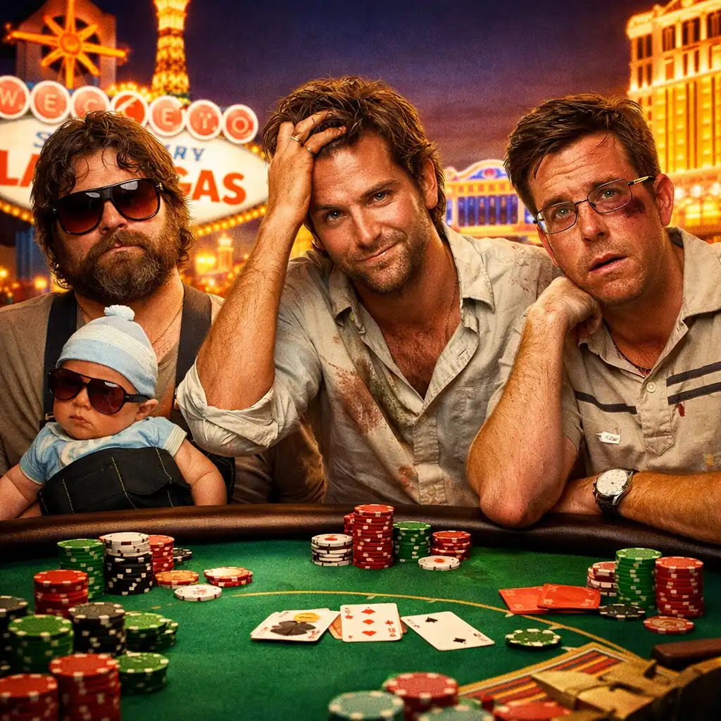 Plakat filmu The Hangover z 2009 roku przedstawiający trzech mężczyzn w Las Vegas przy stole do blackjacka