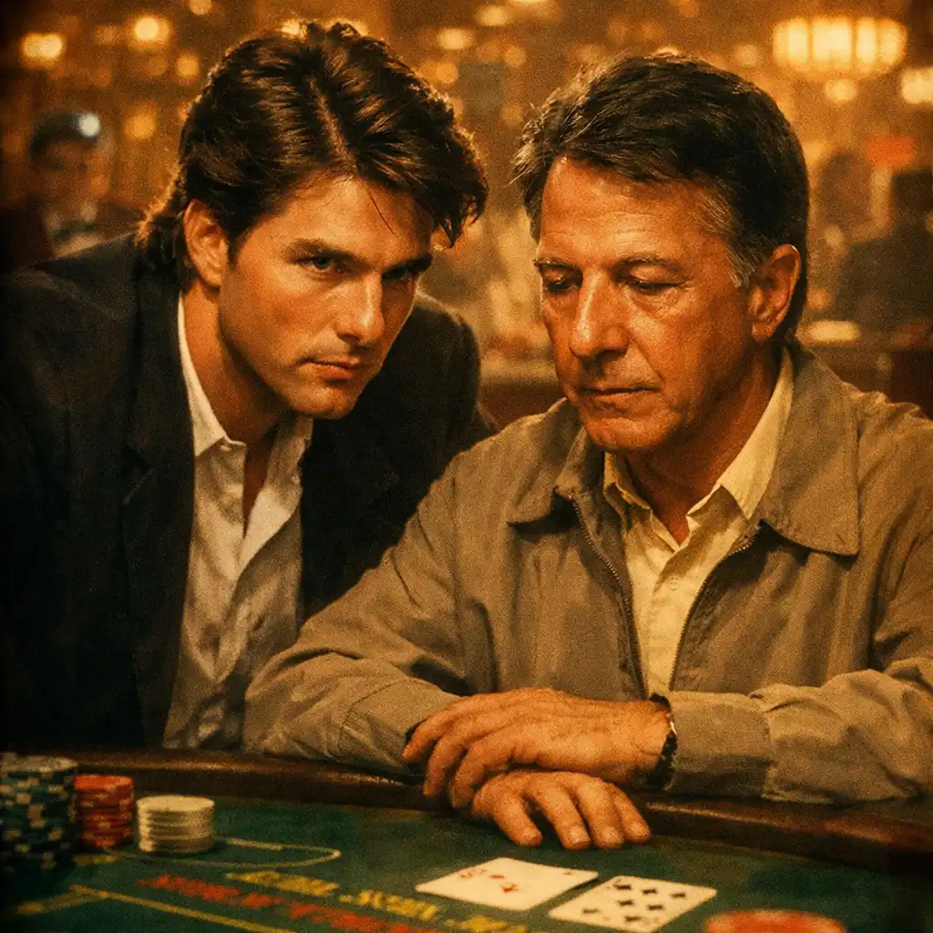 Plakat filmu Rain Man z 1988 roku przedstawiający dwóch mężczyzn w kasynie przy stole do blackjacka