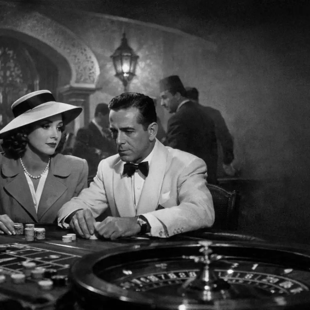 Scena z filmu Casablanca z 1942 roku: elegancka para przy stole do ruletki w kasynie Rick's Café