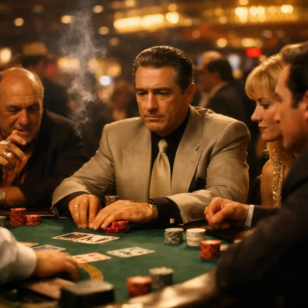 Kadr z filmu Casino z 1995 roku: Robert De Niro przy stole do blackjacka