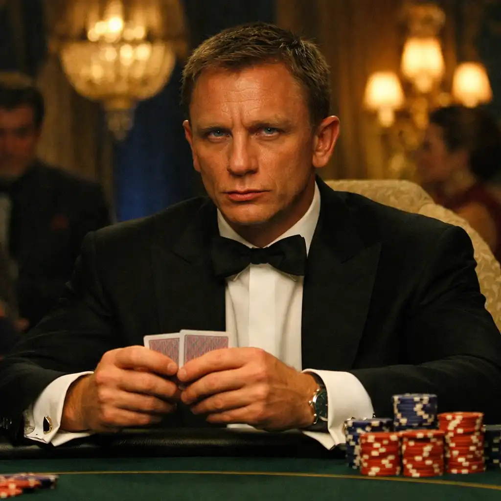 Kadr z filmu Casino Royale ukazujący Jamesa Bonda przy stole pokerowym
