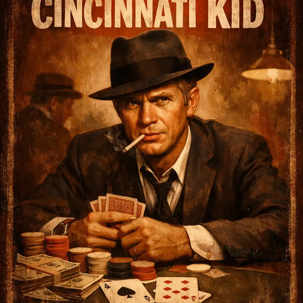 Artystyczna reprezentacja plakatu filmu Cincinnati Kid z 1965 roku
