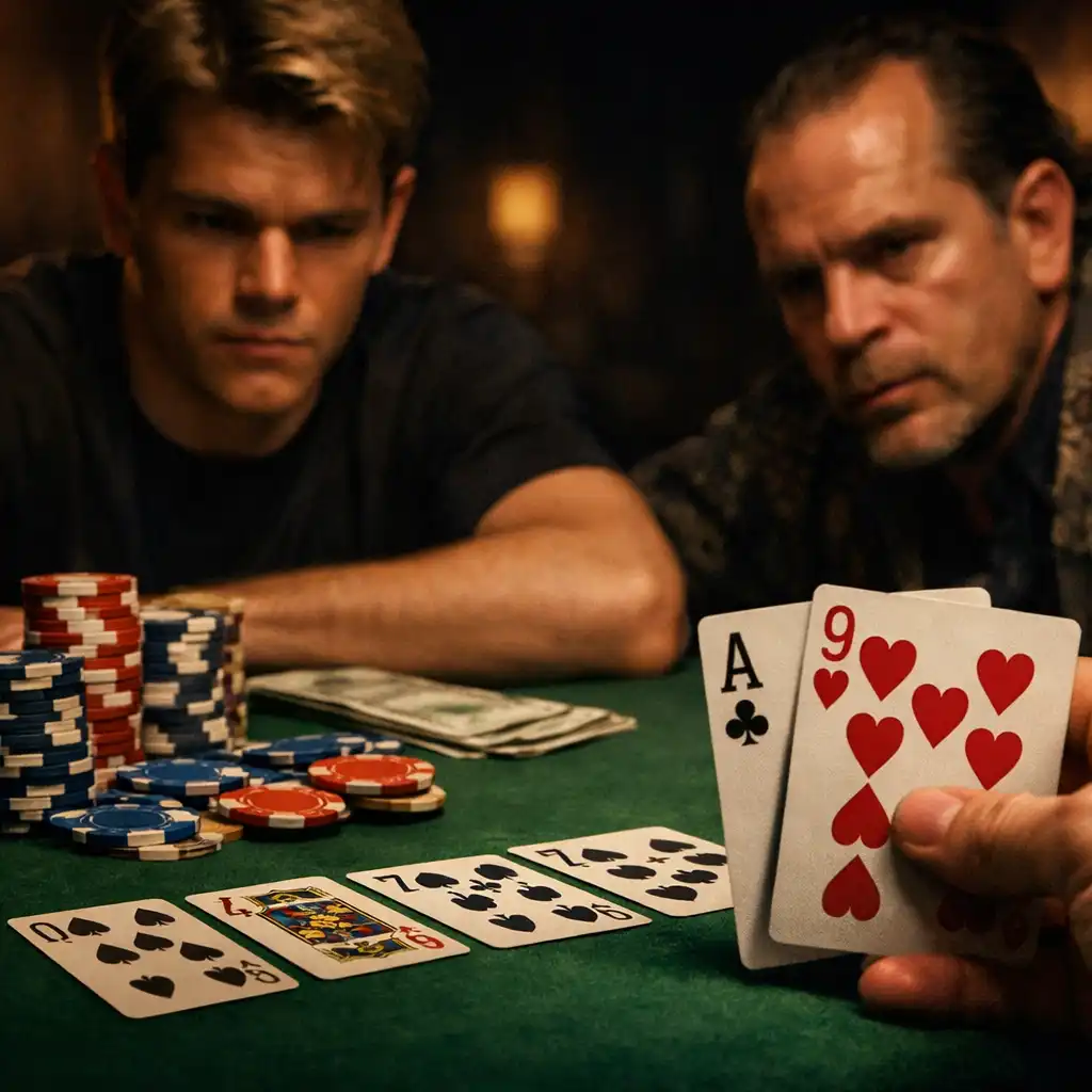 Kadr z filmu Hazardziści przedstawiający intensywną scenę pokerową przy stole