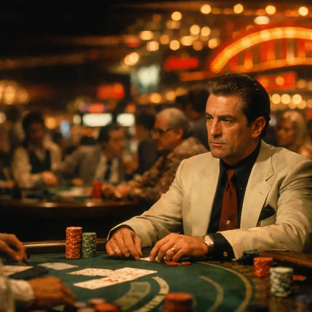 Scena z filmu Kasyno z 1995 roku: mężczyzna w eleganckim garniturze przy stole do blackjacka w luksusowym kasynie