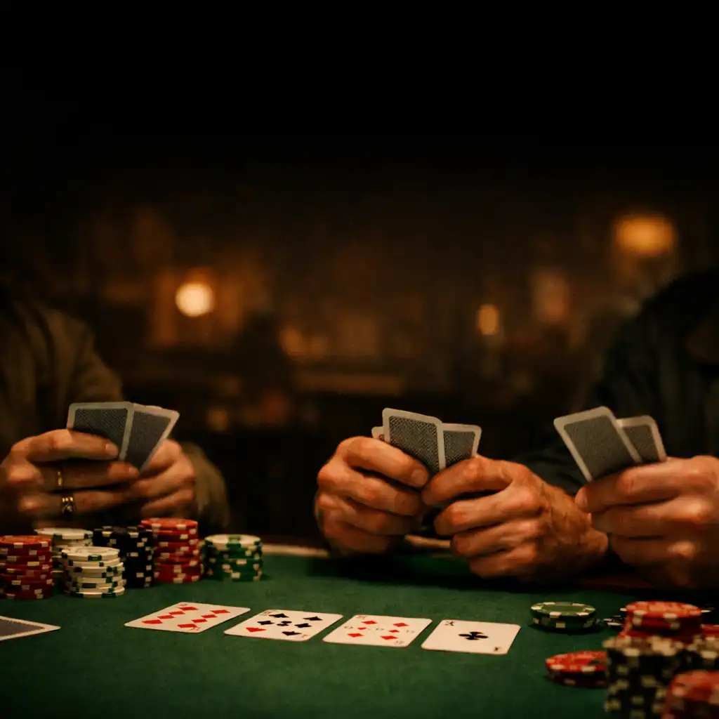 Zbliżenie na dłonie graczy trzymających karty pokerowe w filmie Rounders z 1998 roku