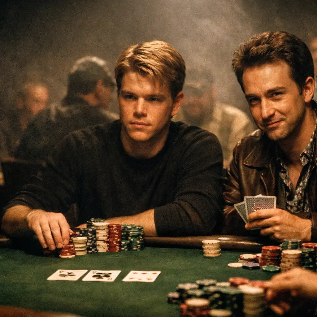 Matt Damon i Edward Norton przy stole pokerowym w filmie Rounders